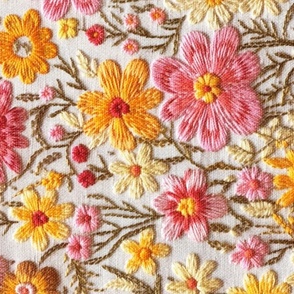 Summer Pink and Yellow Floral Faux Embroidery Beige BG Rotated- XL Scale