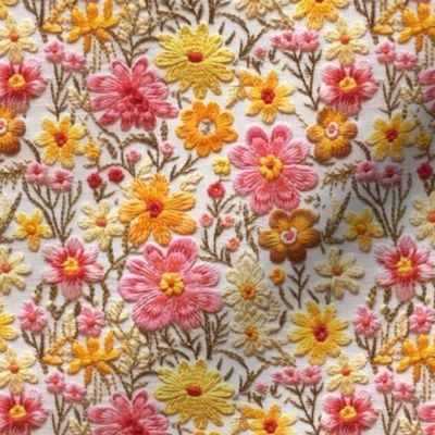 Summer Pink and Yellow Floral Faux Embroidery Beige BG - Small Scale