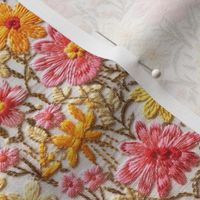 Summer Pink and Yellow Floral Faux Embroidery Beige BG - Small Scale