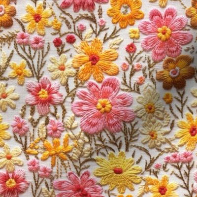 Summer Pink and Yellow Floral Faux Embroidery Beige BG - Medium Scale