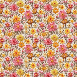Summer Pink and Yellow Floral Faux Embroidery Beige BG - Medium Scale