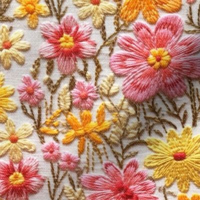 Summer Pink and Yellow Floral Faux Embroidery Beige BG - Large Scale