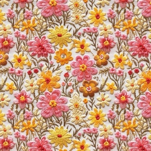 Summer Pink and Yellow Floral Faux Embroidery Beige BG - Large Scale