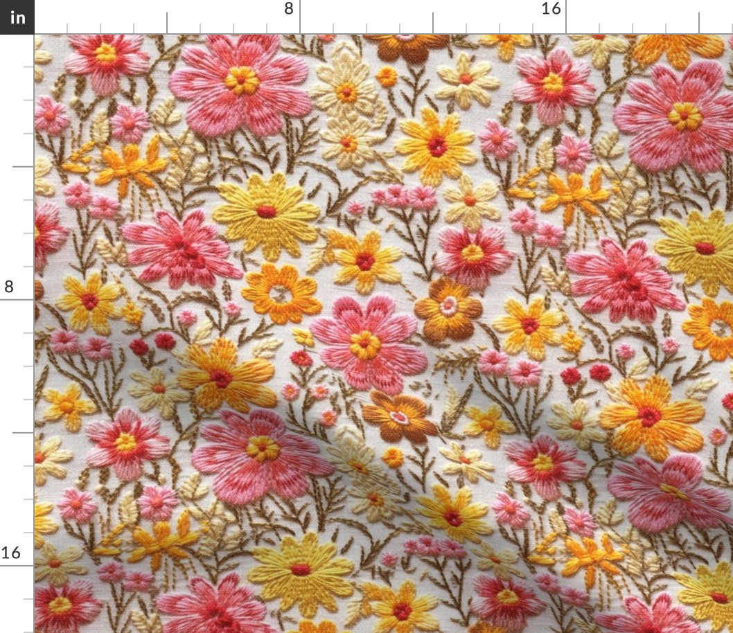 Summer Pink and Yellow Floral Faux Embroidery Beige BG - Large Scale