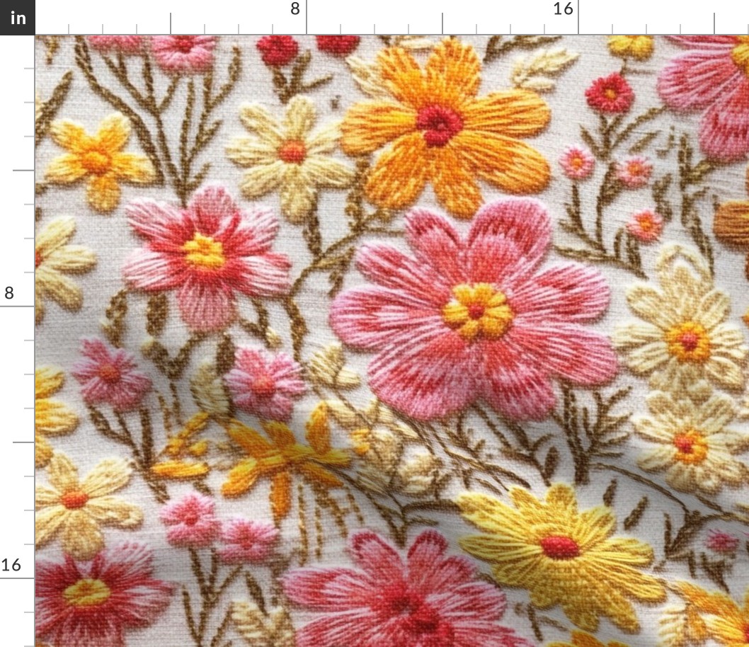 Summer Pink and Yellow Floral Faux Embroidery Beige BG - XL Scale