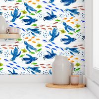 Watercolor Arctic Blue Penguins and colorful fishes in blue ocean waves on linen white