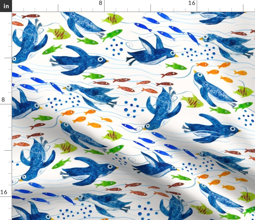 Watercolor Arctic Blue Penguins and colorful fishes in blue ocean waves on linen white