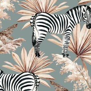 Medium Scale / Zebra Tropical Dried Palm Leaves / Sage Background