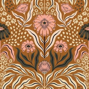 Boho folk whimsical pattern featuring leafy florals and ditsy florals in pink, ochre and teal 