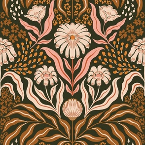 Boho folk whimsical pattern featuring leafy florals and ditsy florals in pink, ochre and teal 