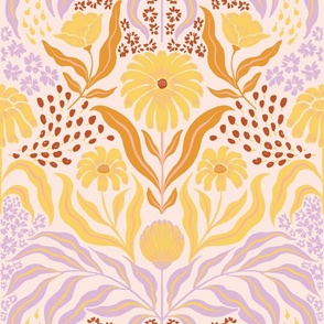 Boho folk whimsical pattern featuring leafy florals and ditsy florals in lilac, yellow and rust