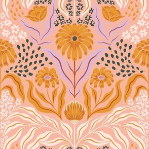 Boho folk whimsical pattern featuring leafy florals and ditsy florals in lilac, yellow and rust