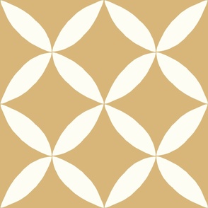 Minimalist four petal jumbo size geometric floral in natural white on sweet honey gold wallpaper