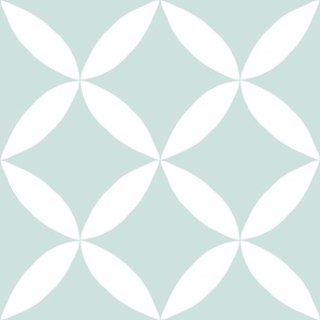 Minimalist four petal jumbo size geometric floral in white on light sea blue wallpaper