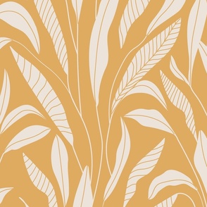off white leaves custard yellow background