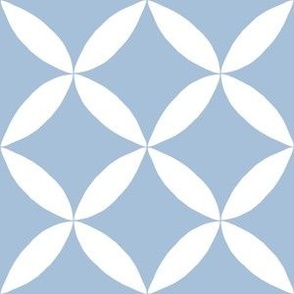 Minimalist four petal geometric floral in white on sky blue