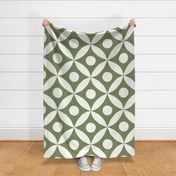 Jumbo size geometric hand-drawn natural white retro floral and dots on sage green wallpaper
