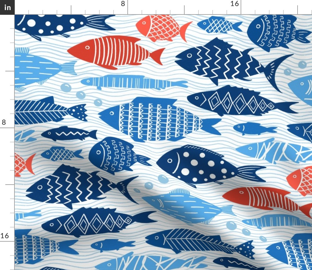 Patterned Fish Red White Blue Fabric