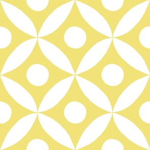 Jumbo size geometric hand-drawn white retro floral and dots on buttercup yellow wallpaper