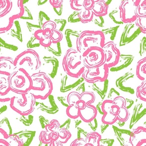 Blooming pink flowers, doodle style, white background. Seamless floral pattern-241.