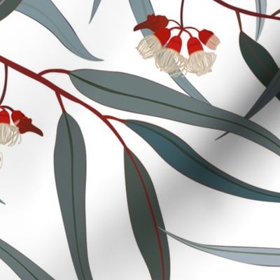 Eucalyptus branches in bloom,  white background. Seamless floral pattern-244.