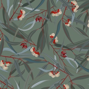 Eucalyptus branches in bloom,  green background. Seamless floral pattern-245.