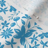 painted blue daisies, two tone floral, scattered flowers, white background