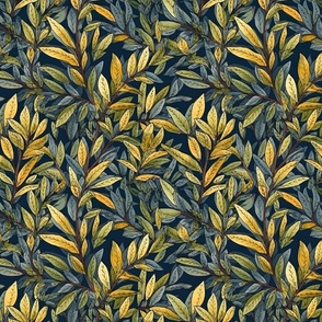Yellow Leaves on Dark Blue Botanical Pattern (122)