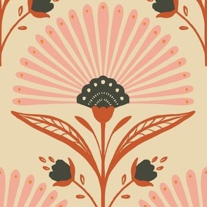 Boho floral art deco pattern in earthy tones, pink, rust and dark grey