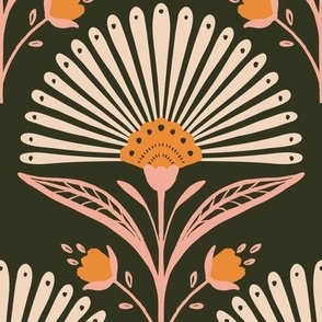 Boho floral art deco pattern in dark grey and pink