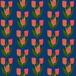 Neon Pink Tulips Navy Blue Multi Color Spring Floral Medium Scale 