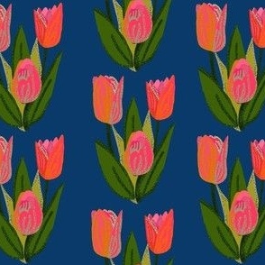 Neon Pink Tulips Navy Blue Multi Color Spring Floral Large Scale 