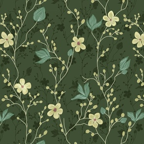 delicate flowers in shades of light yellow on a dark green background  - medium scale