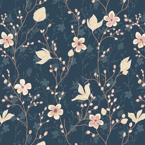 delicate flowers in shades of light pink on a dark navy blue background  - medium scale