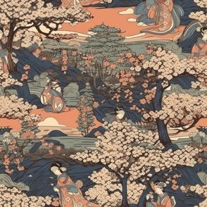 Medieval engraving japanese geisha in sakura bloom