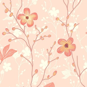 delicate flowers in shades of peach / pink / salmon on a  soft peach background  - large scale