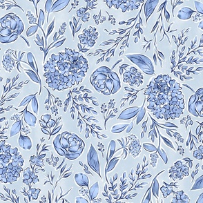 Blue Delicate Botanical with Florals and Foliage and Hand-drawn Linework