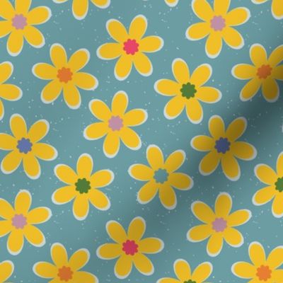 Yellow Daisy Bright Aqua Blue Rainbow Mod Spring Floral