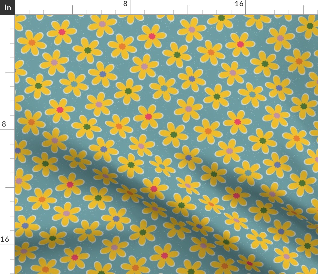 Yellow Daisy Bright Aqua Blue Rainbow Mod Spring Floral