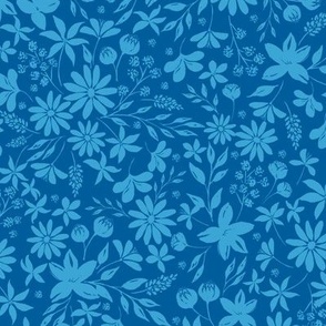 painted blue daisies, two tone, blue floral, scattered flowers, darker blue background