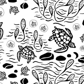 Sea turtles and Sand dollars - small - black and white