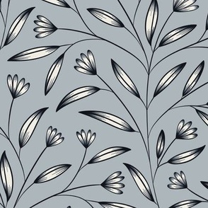 Black Line Flowers and Leaves | Creamy White, French Gray | Floral