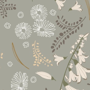 white, olive green and brown forest flowers (jumbo) in whimsical pattern on olive