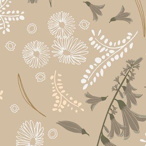 light brown and green forest flowers (jumbo) in whimsical pattern on tan