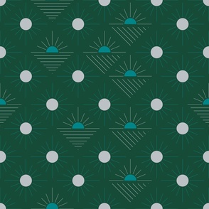 Suns and rays on dark green background