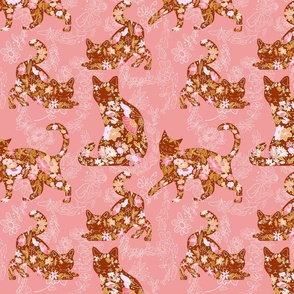 Floral Cat Pattern - Pink and Gold 