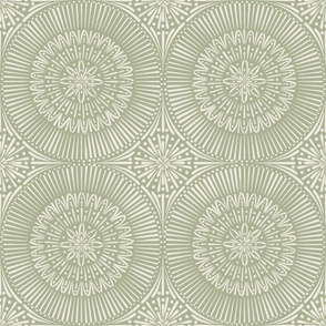 Hand drawn Mandala Tile | Creamy White, Light Sage Green | Detailed