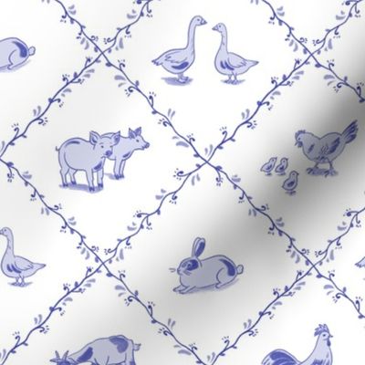 Traditional Hand-Drawn Farm Animals in China Blue on a white background