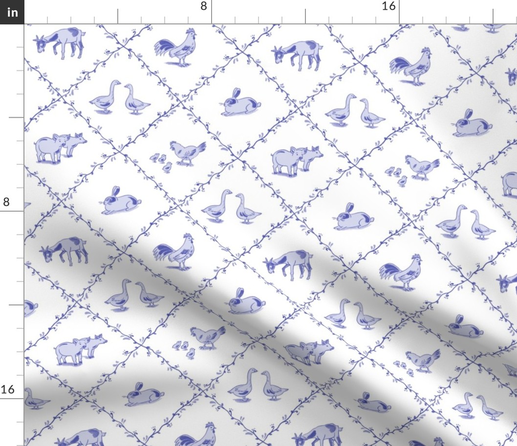 Traditional Hand-Drawn Farm Animals in China Blue on a white background