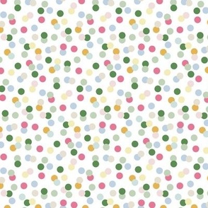 Scattered and Tossed Multi Color Polka Dots on White Ground Non Directional Geometric Small Scale